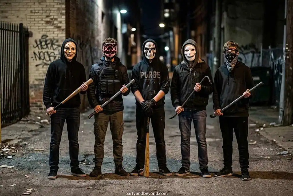 Teen boys in Purge masks and formal outfits for Halloween party