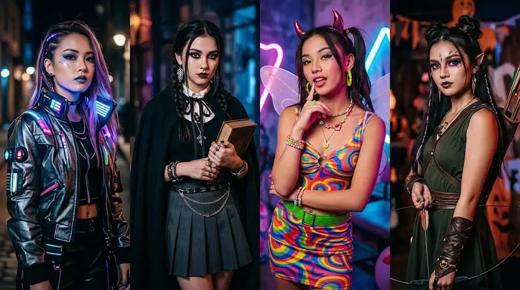 Group of women in colorful and spooky costumes at Halloween party.