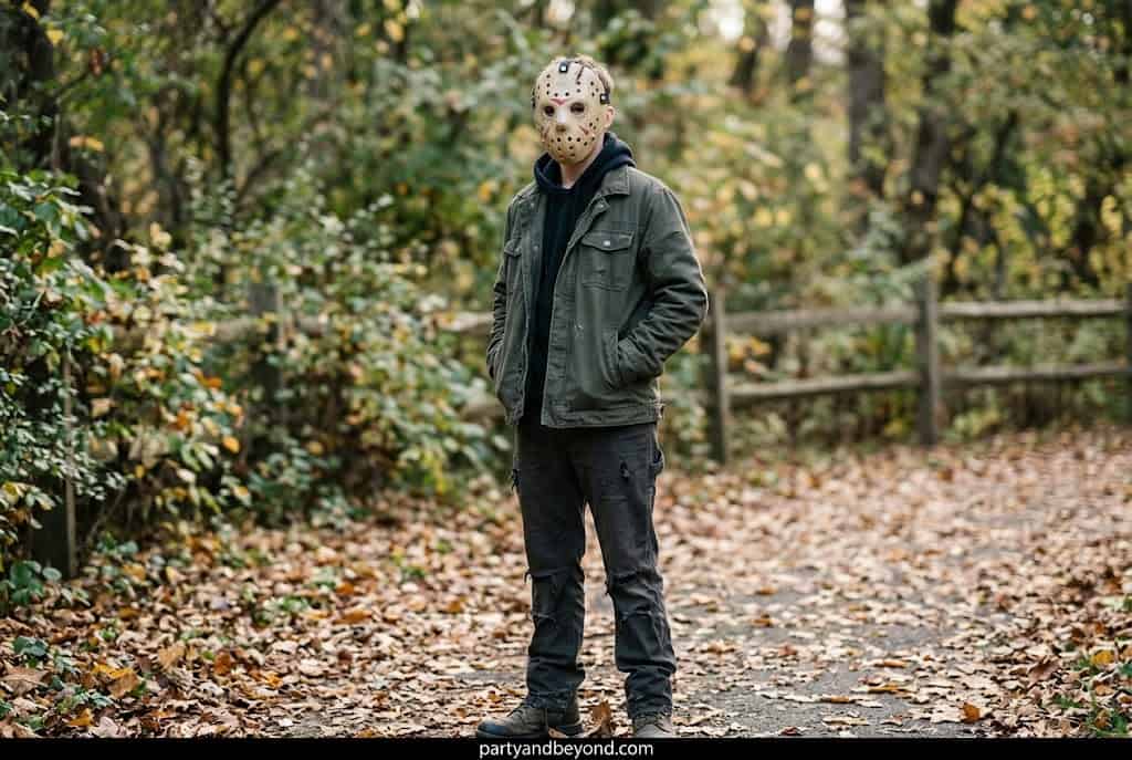 Teen boy dressed as Jason Voorhees with hockey mask and machete prop