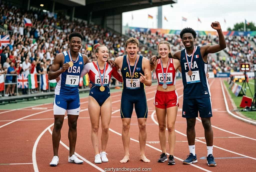 Teen boys dressed as Olympic athletes wearing sports uniforms and medals