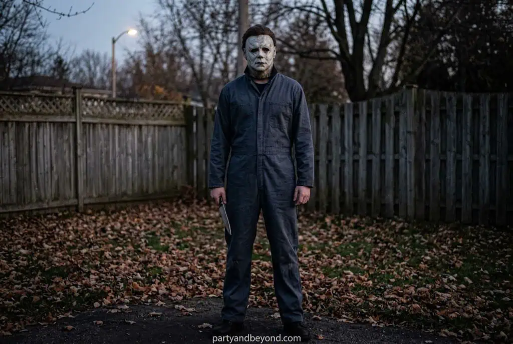 Teen dressed as Michael Myers in dark jumpsuit and white horror mask