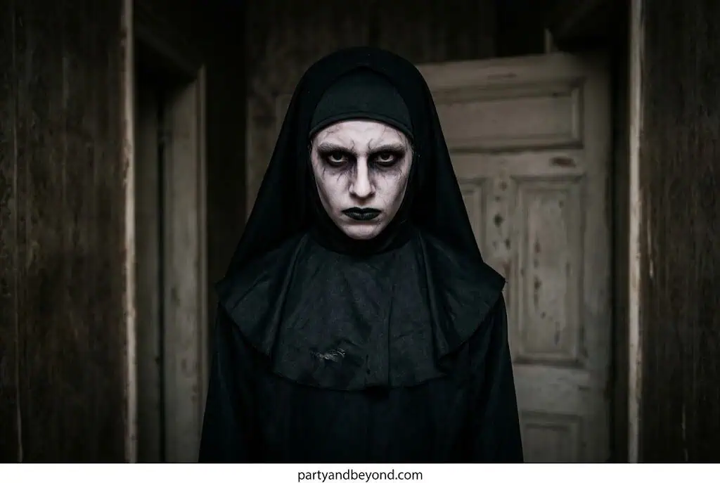 Scary Valak Nun Halloween costume with white makeup and black robe