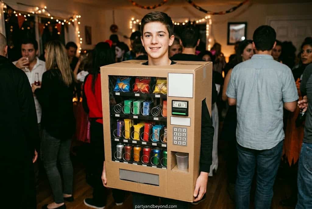 DIY vending machine Halloween costume made from cardboard and snack wrappers