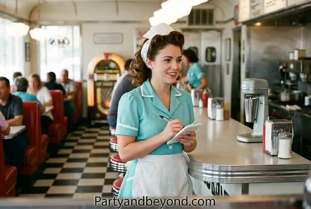 Teen Girl Halloween Costume Ideas featuring 1950s diner waitress costume with polka dot dress and apron.