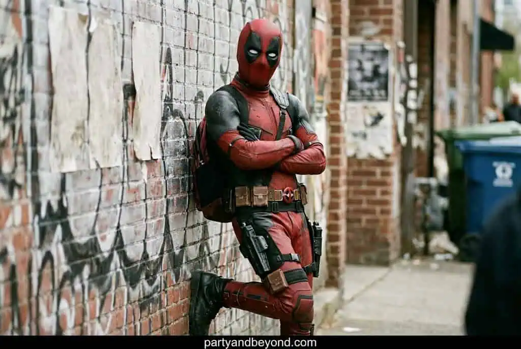 Teen boy in funny Deadpool inspired red and black Halloween costume