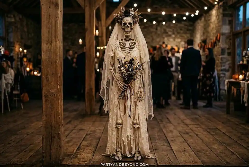 Skeleton bride in wedding dress with floral crown at Halloween celebration.Teen Girl Halloween Costume Ideas featuring Skeleton Bride costume with white dress, veil, and skeleton makeup.