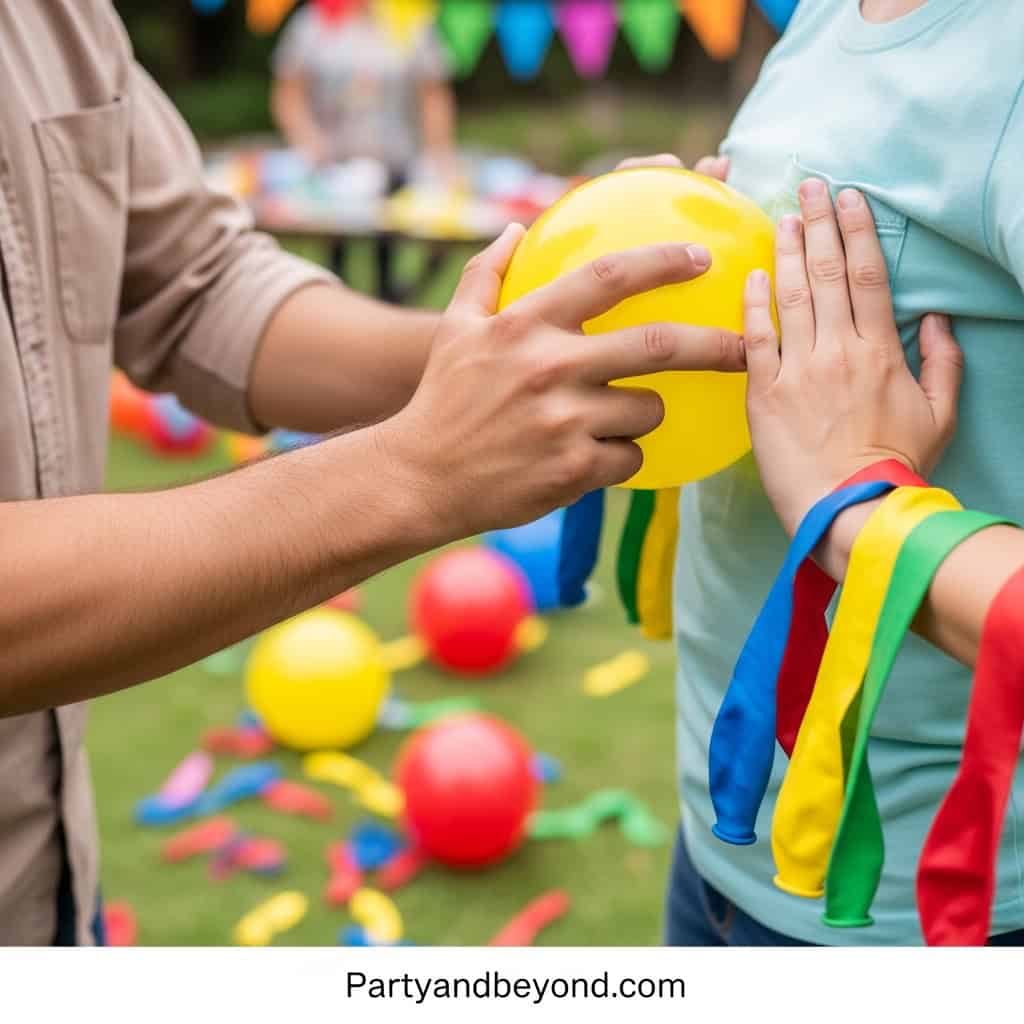 Wedding guests playing balloon game with colorful balloons and ribbons.