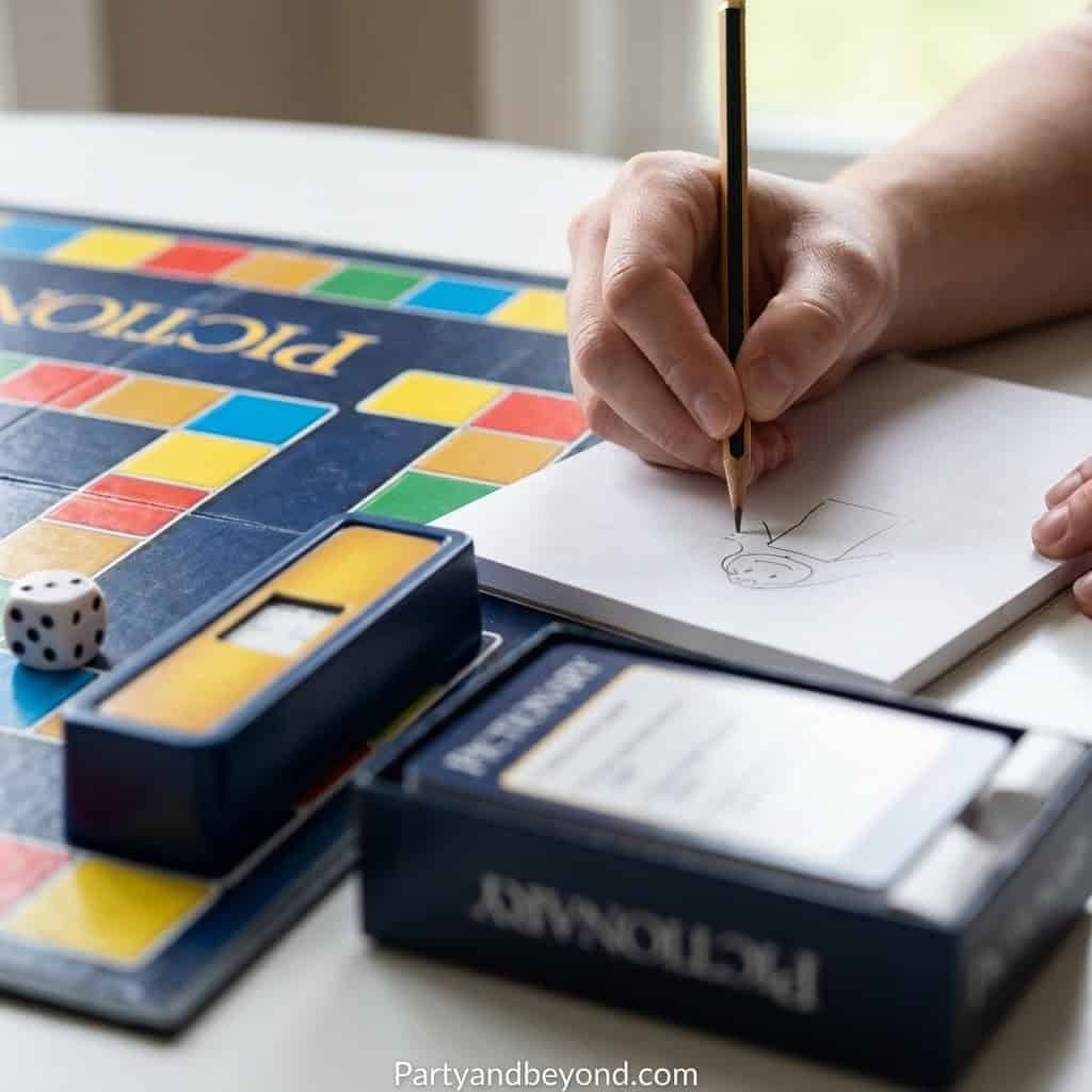 Board game setup for teen party games, with drawing and dice, perfect for making the night fun and e.