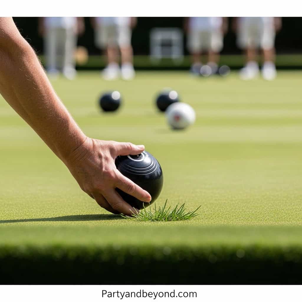 Close-up of hand rolling a bocce ball on a wedding lawn game setup.