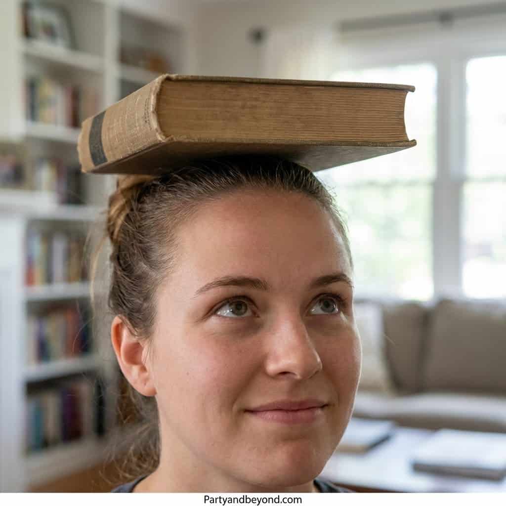 Woman balancing a large book on her head indoors, smiling playfully.