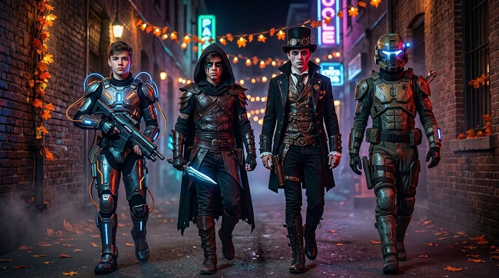 Cyberpunk themed costumes featuring futuristic armor and characters for parties and events.