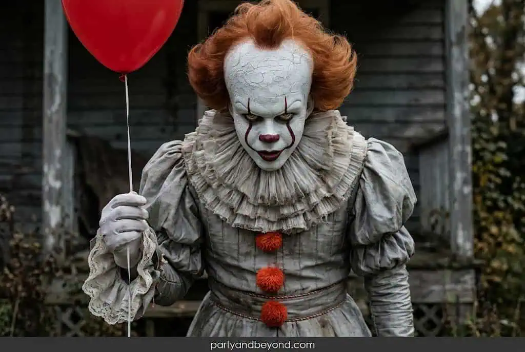 Teen boy dressed as Pennywise clown with creepy face paint and red balloons