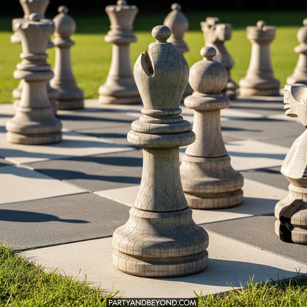 Large outdoor chess set on a wedding lawn for engaging wedding games and activities.