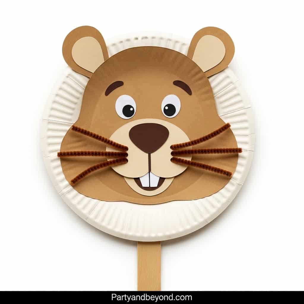 Groundhog Day craft for kids with a paper plate groundhog face, whiskers, and stick handle, ideal fo.