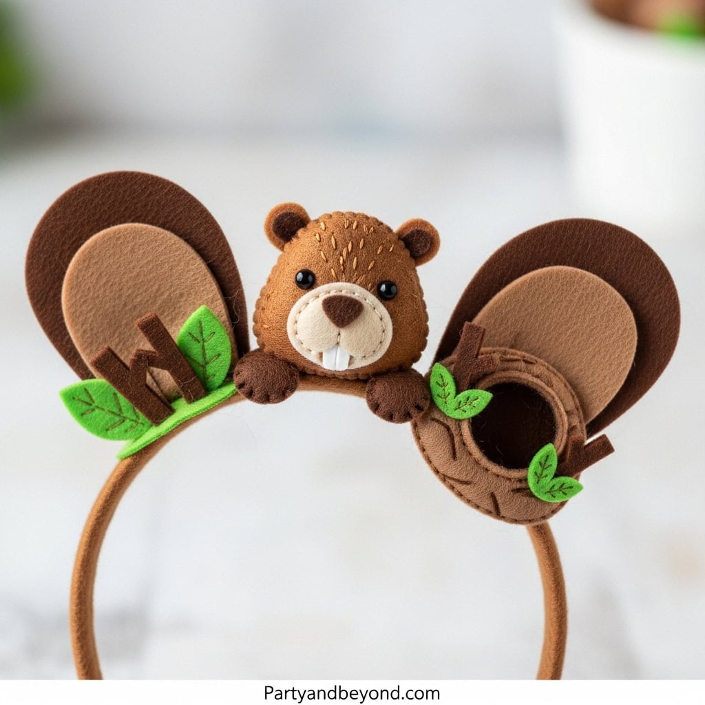 Adorable felt groundhog headband perfect for Groundhog Day celebrations and crafts.