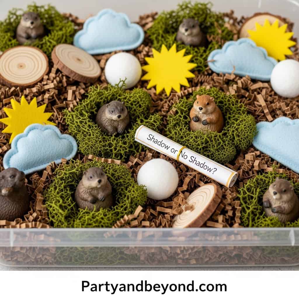 Adorable Groundhog Day craft display featuring tiny groundhogs, moss nests, and cloud accents for ch.