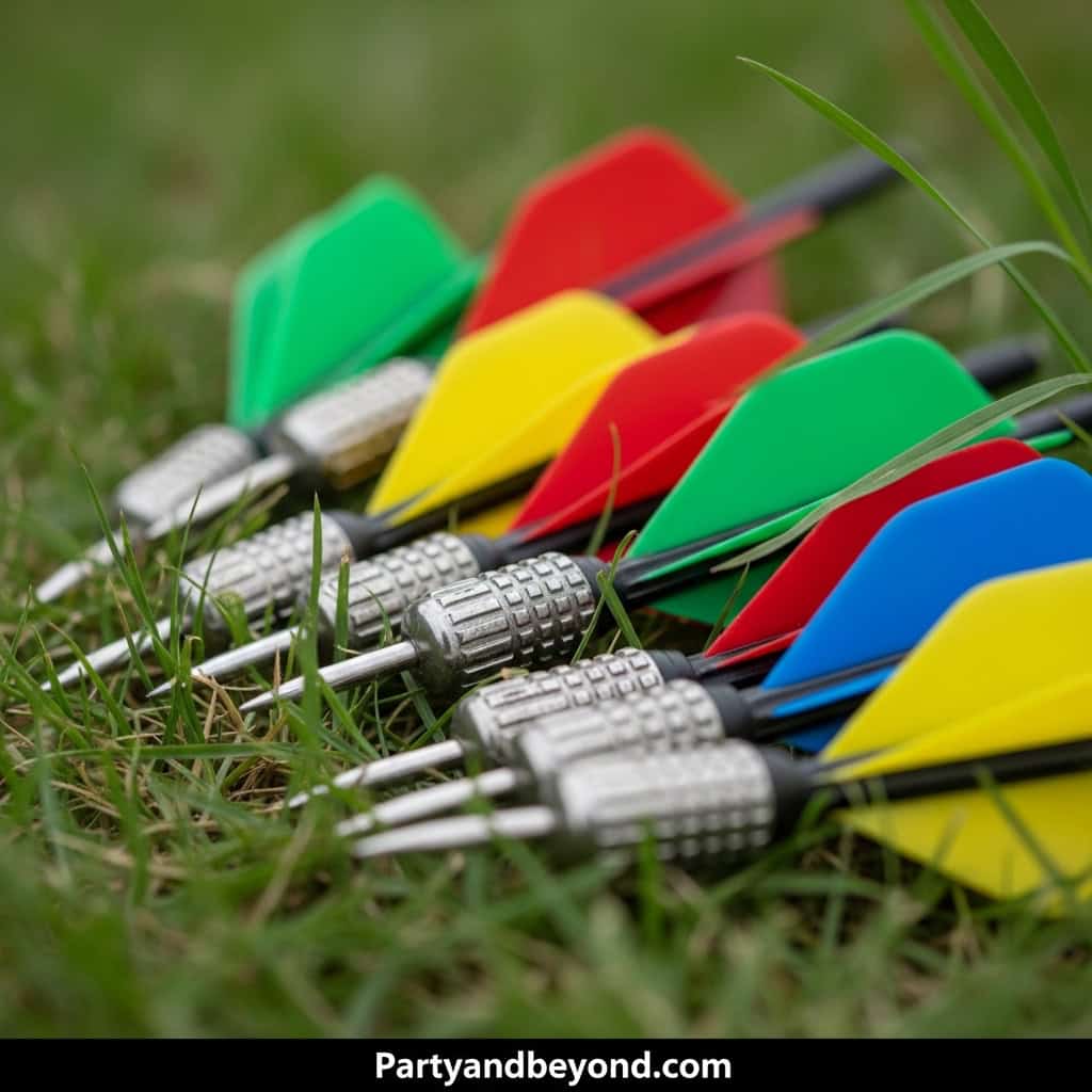 Colorful darts on grass for wedding lawn games and outdoor party fun.