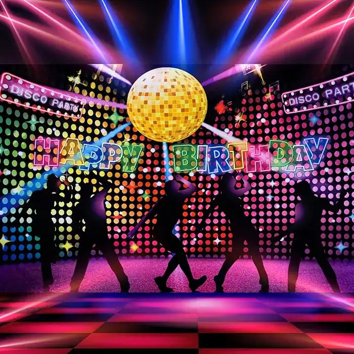 Disco dance party with colorful lights and silhouettes of dancing people.