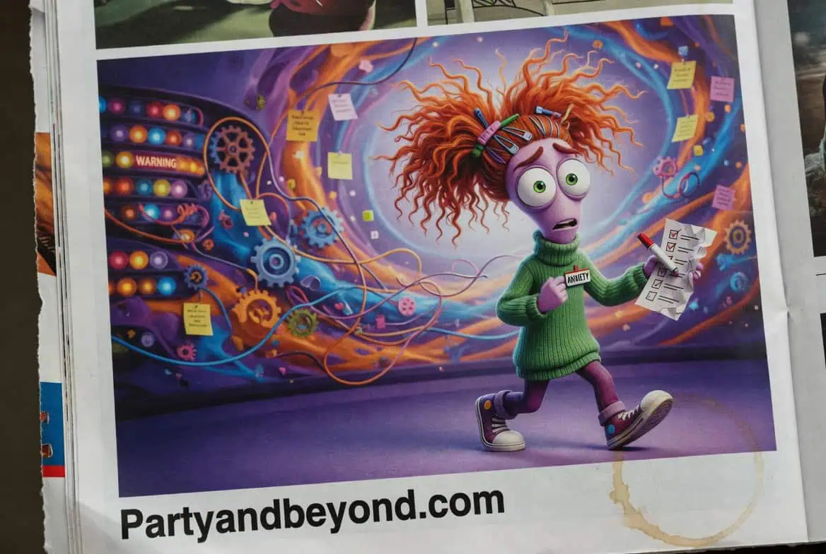 Teen Girl Halloween Costume Ideas inspired by Anxiety from Inside Out with orange outfit and glitter makeup.