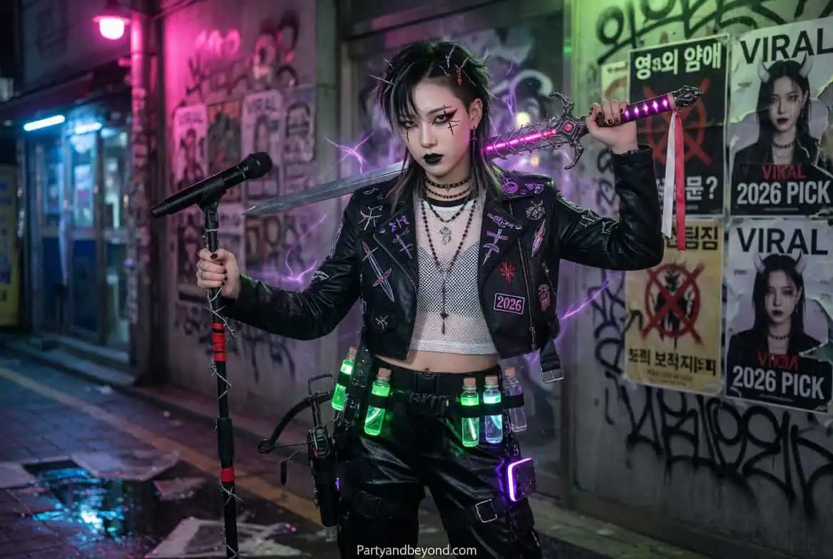 Teen Girl Halloween Costume Ideas featuring K-Pop Demon Hunter aesthetic with corset top, boots, and dramatic makeup.