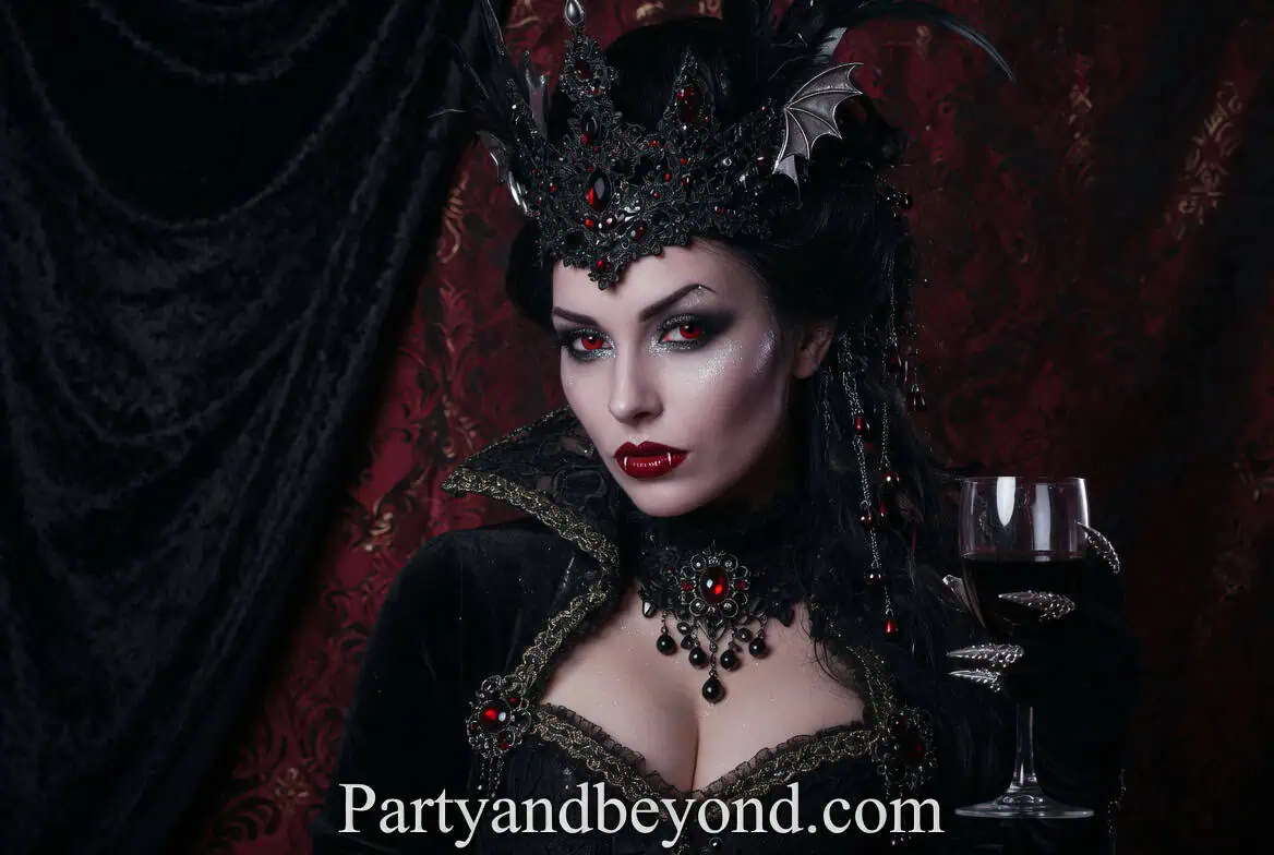 Teen Girl Halloween Costume Ideas showing Vampire Queen gothic glam costume with corset dress and dark makeup.