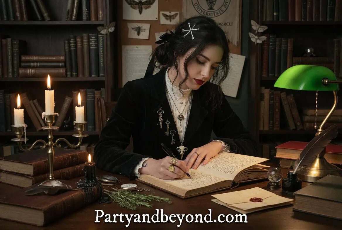 Teen Girl Halloween Costume Ideas inspired by dark academia witch aesthetic with plaid skirt and witch hat.