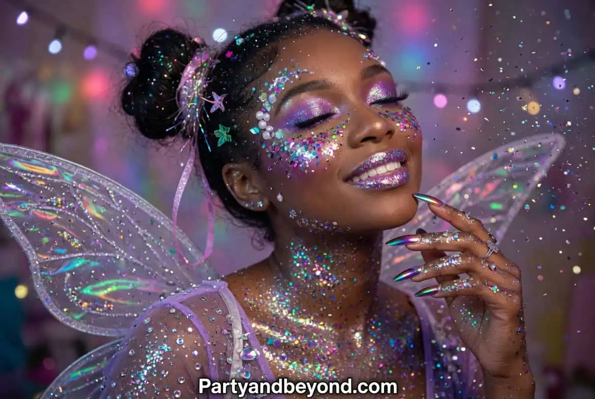 Teen Girl Halloween Costume Ideas showing glitter fairy makeup with rhinestones, shimmer, and fantasy dress.