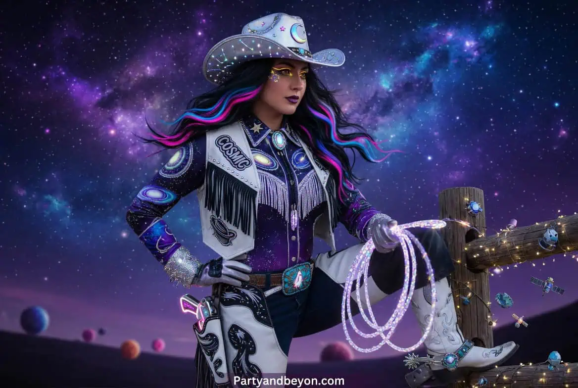 Teen Girl Halloween Costume Ideas featuring Cosmic Cowgirl look with rhinestone cowboy hat and metallic outfit.