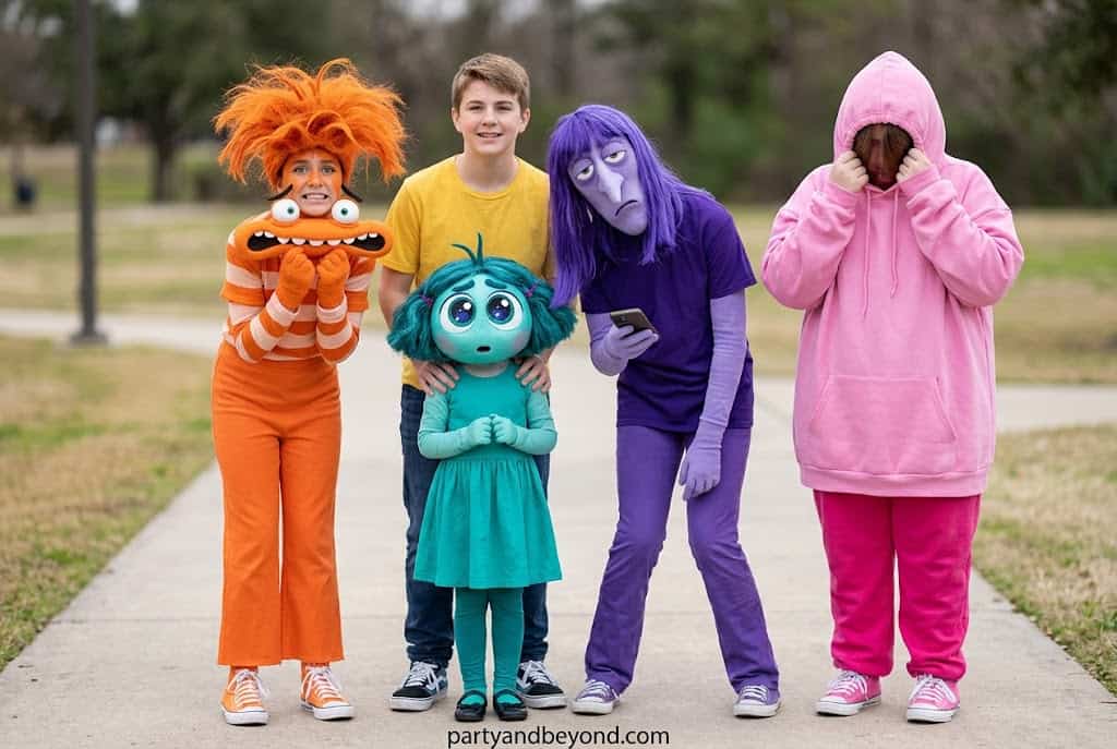 Teens wearing colorful Inside Out 2 emotion inspired costumes