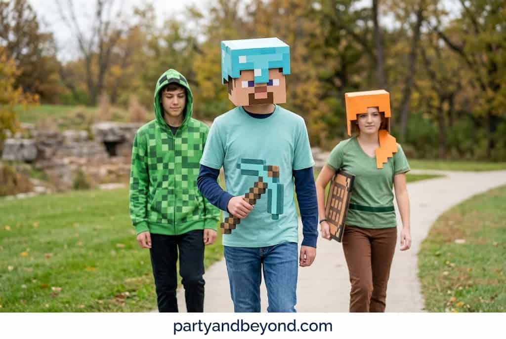 Teen boy dressed as Minecraft Steve with pixelated costume and blue shirt