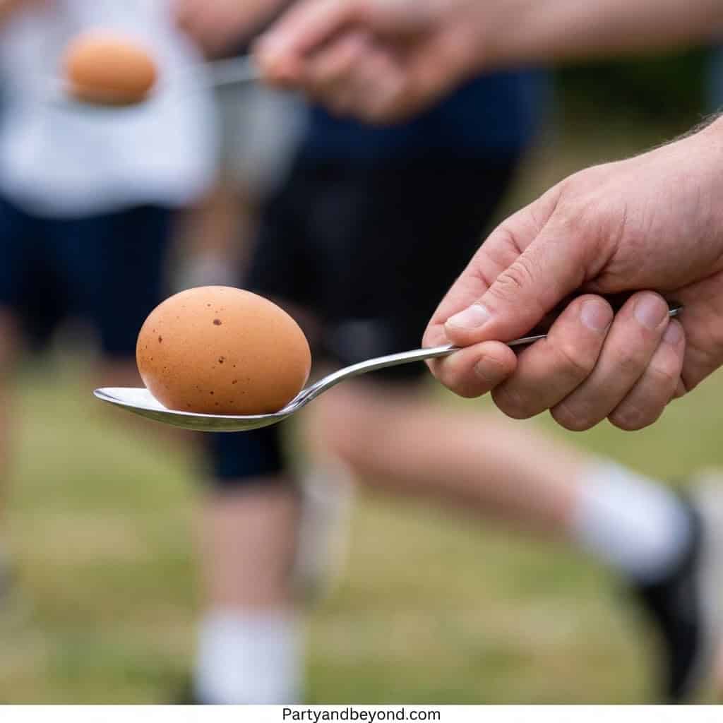 Egg spoon race game with a person holding an egg on a spoon during a fun outdoor party.