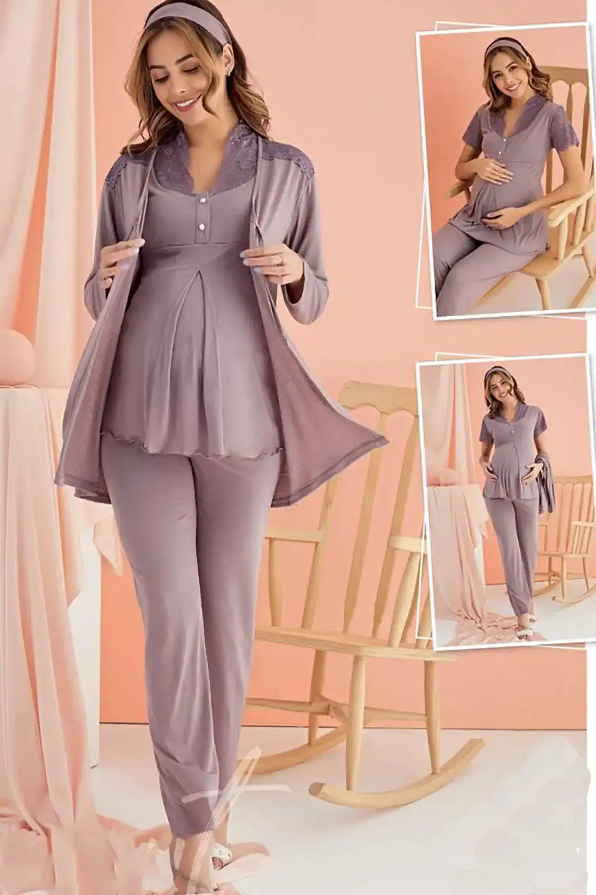 Comfortable lavender maternity pajamas for new moms, perfect for baby shower gifts.