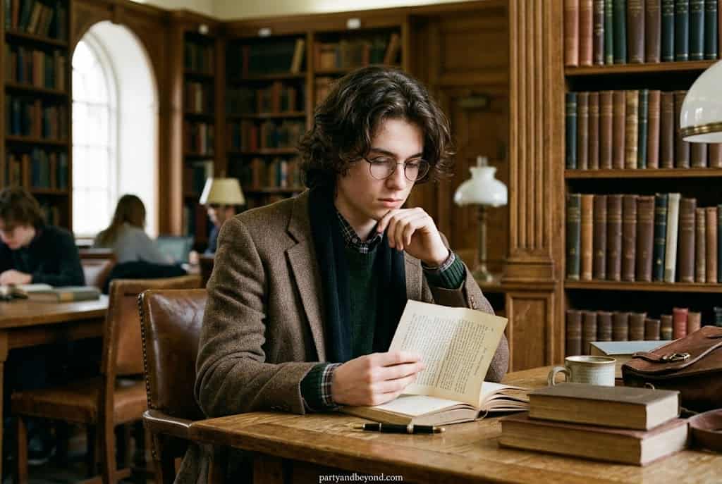 Dark academia Halloween costume with blazer glasses and vintage book