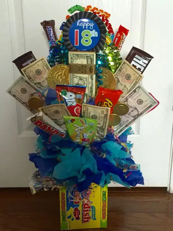 Bouquet of gift cards and dollar bills arranged in a jar as a creative birthday gift for teens