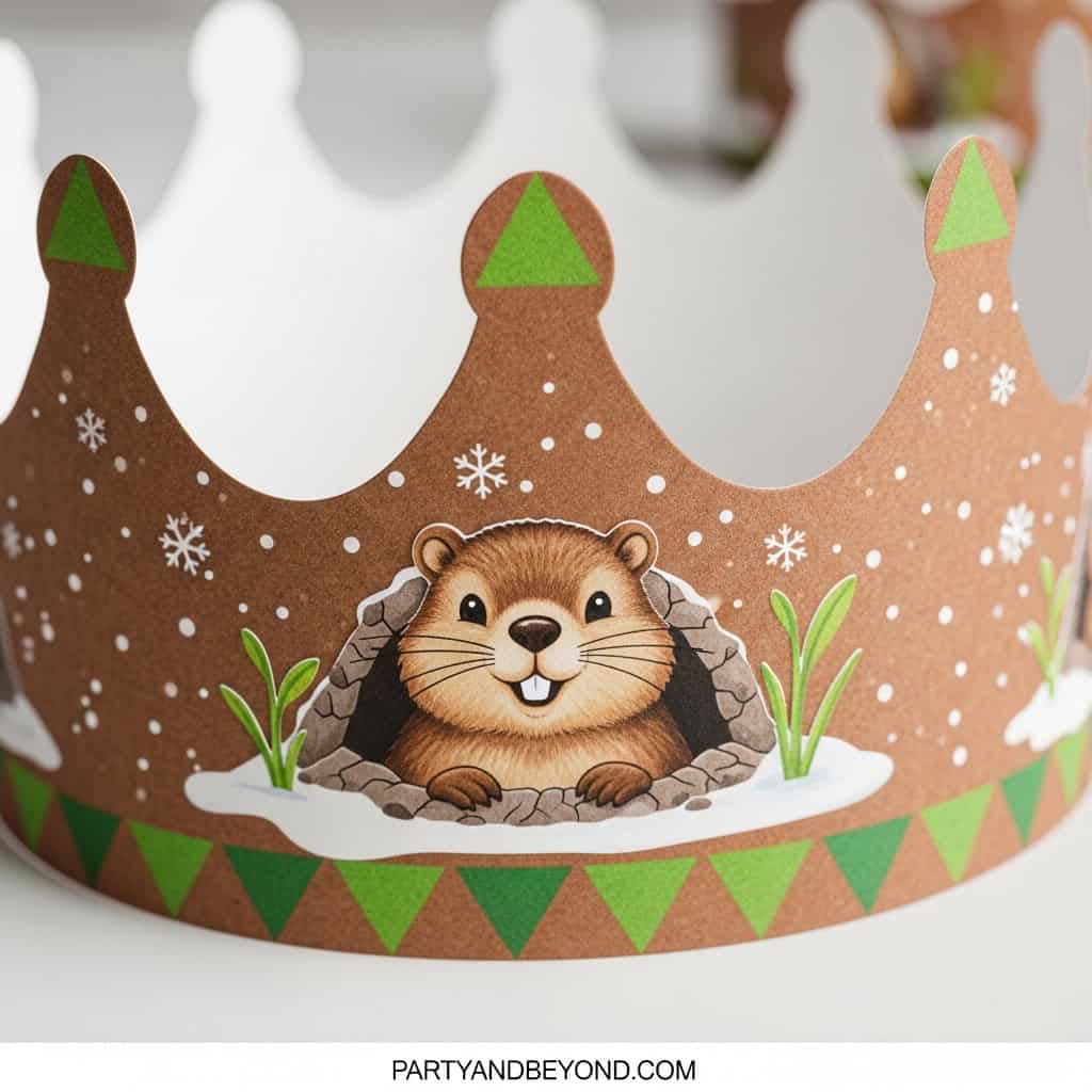 Groundhog Day paper crown with cute groundhog illustration and festive design.
