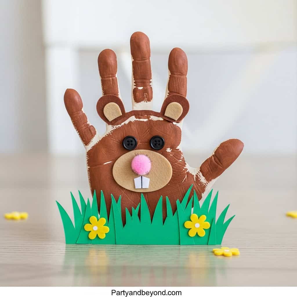 Hand puppet of a groundhog made from craft materials, perfect for kids' Groundhog Day activities.