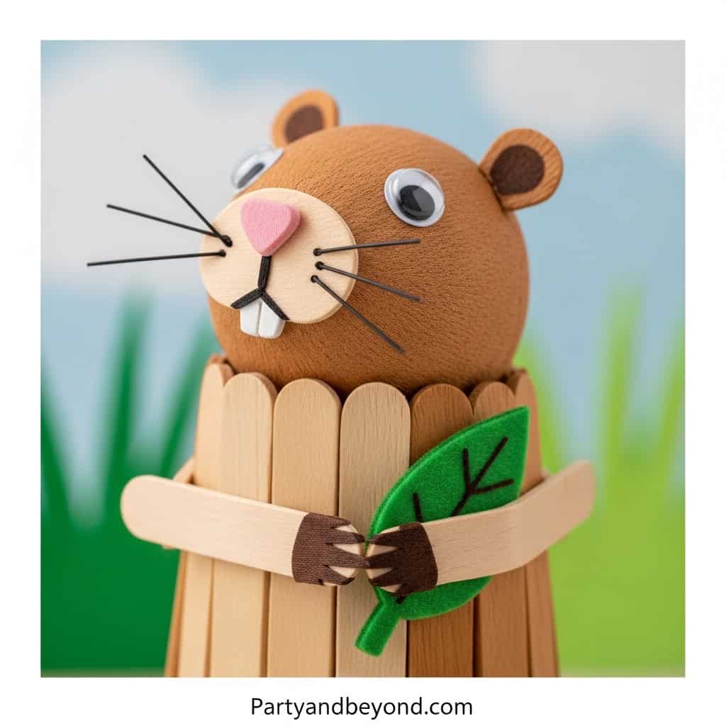 Adorable groundhog craft for kids with a wooden body and leaf accessory.