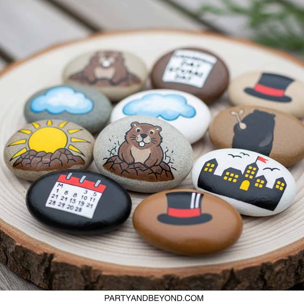 Groundhog Day painted rocks with fun designs and themes.