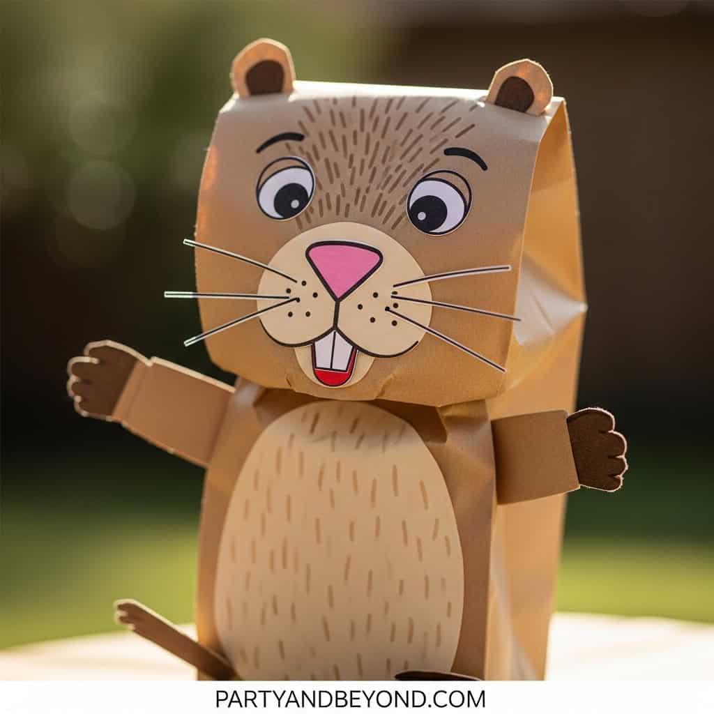 Colorful paper groundhog craft for kids celebrating Groundhog Day. Fun and easy craft activity for c.