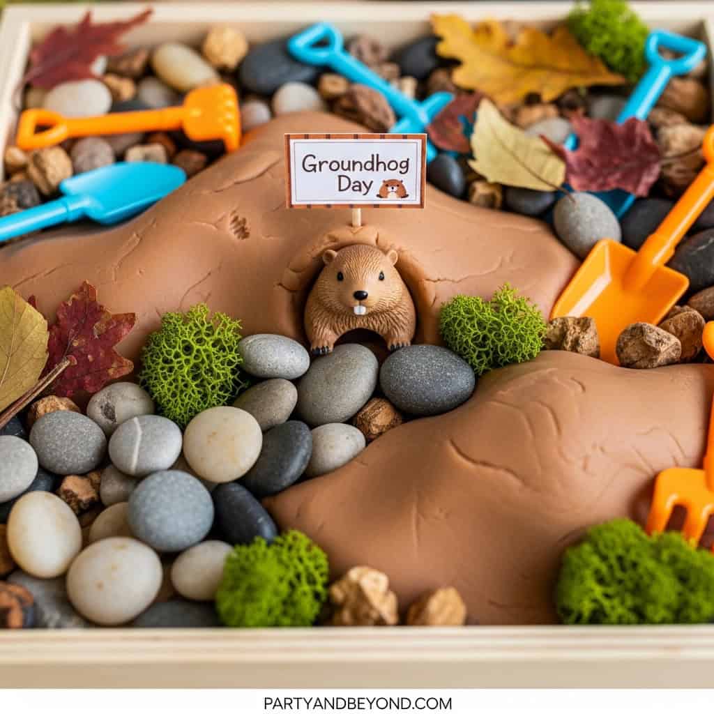 Creative Groundhog Day craft with modeling clay, mini shovels, and decorative stones for kids.