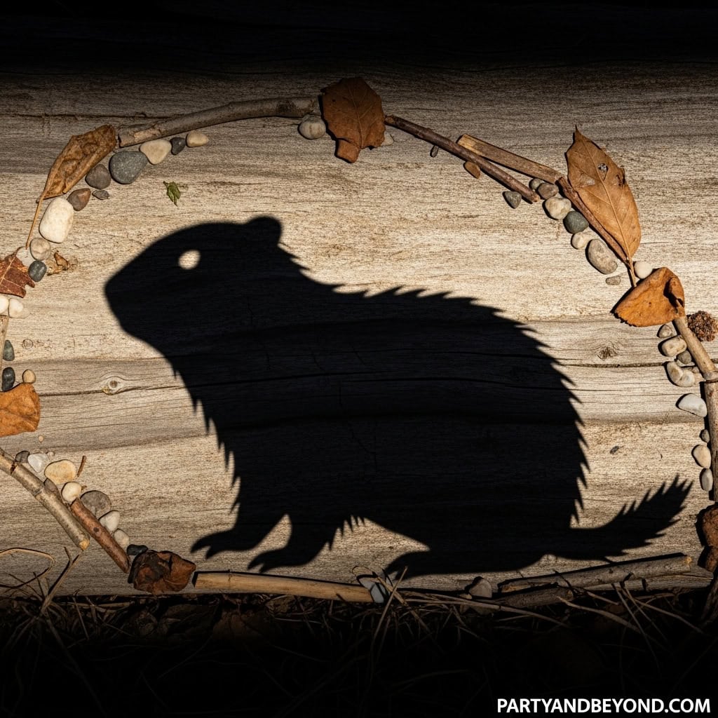 Shadow of a groundhog created with natural materials on wooden background.