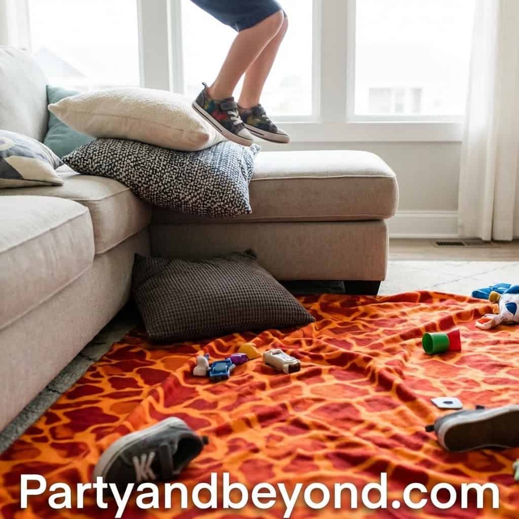 Child jumping on sofa with toys on a colorful rug, playful indoor party setting.