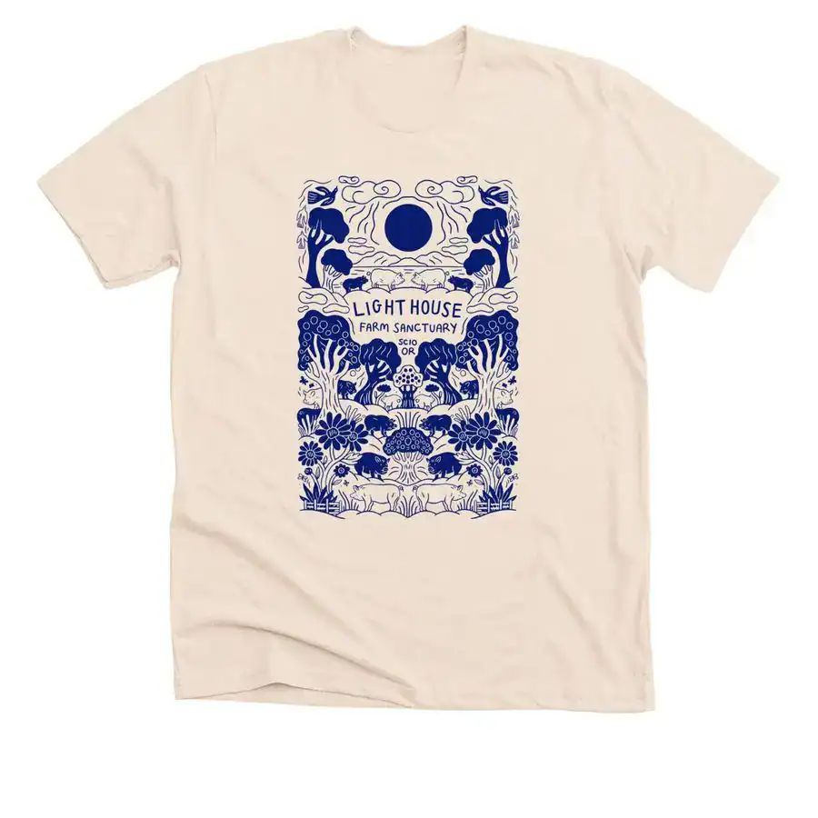 Bright blue lighthouse graphic on a beige t-shirt.