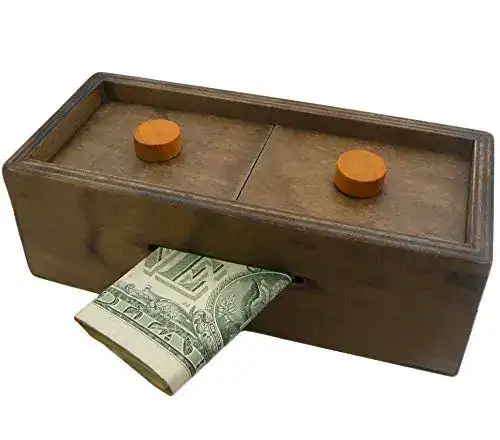 Wooden money-saving puzzle box with a coin slot, used as a creative teen gift