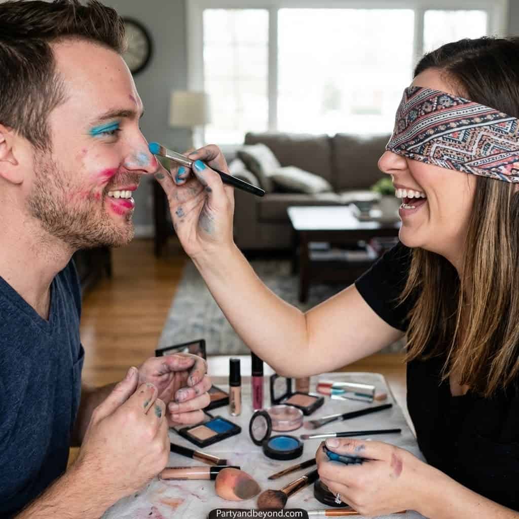 Teen girl blindfolded playing makeup game at party.