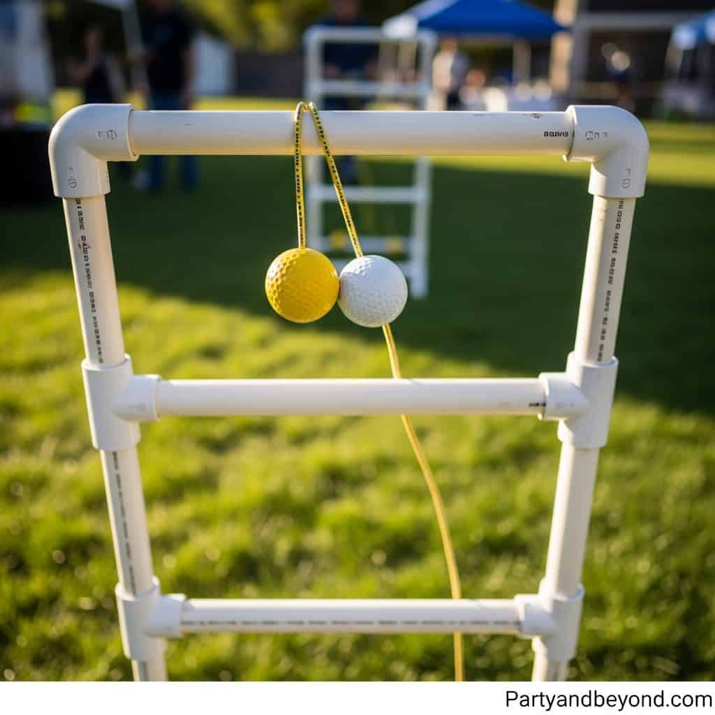 Outdoor lawn game with balls and string for wedding entertainment.