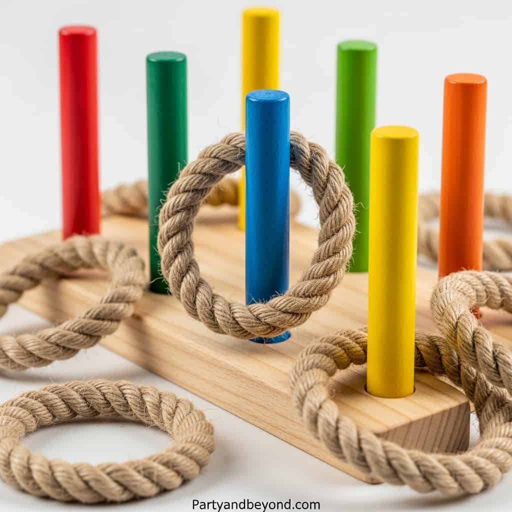 Colorful lawn game with ropes and wooden pegs for outdoor wedding entertainment.