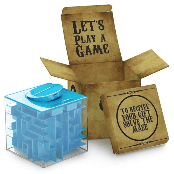 Plastic money maze puzzle box where teens must solve a maze to unlock the cash inside