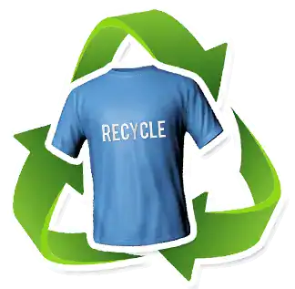 Blue recycle t-shirt with recycling arrows in the background, promoting eco-friendly habits.