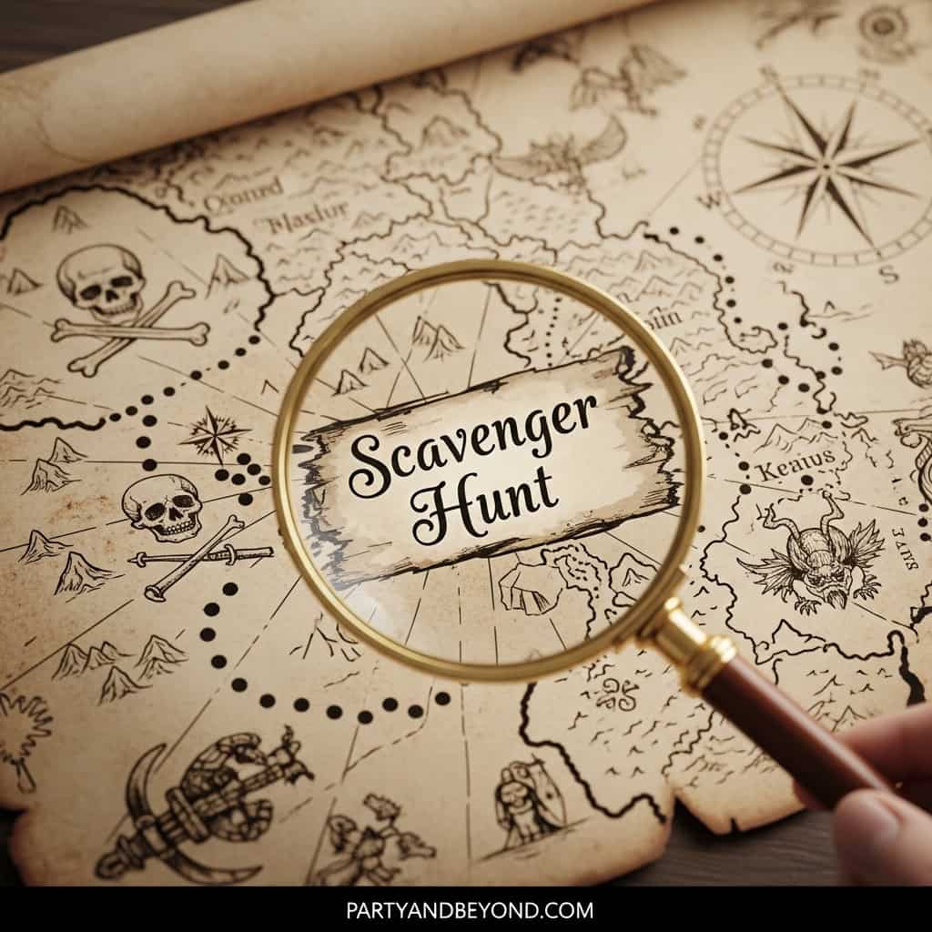 Magnifying glass over a treasure map with "Scavenger Hunt" text.